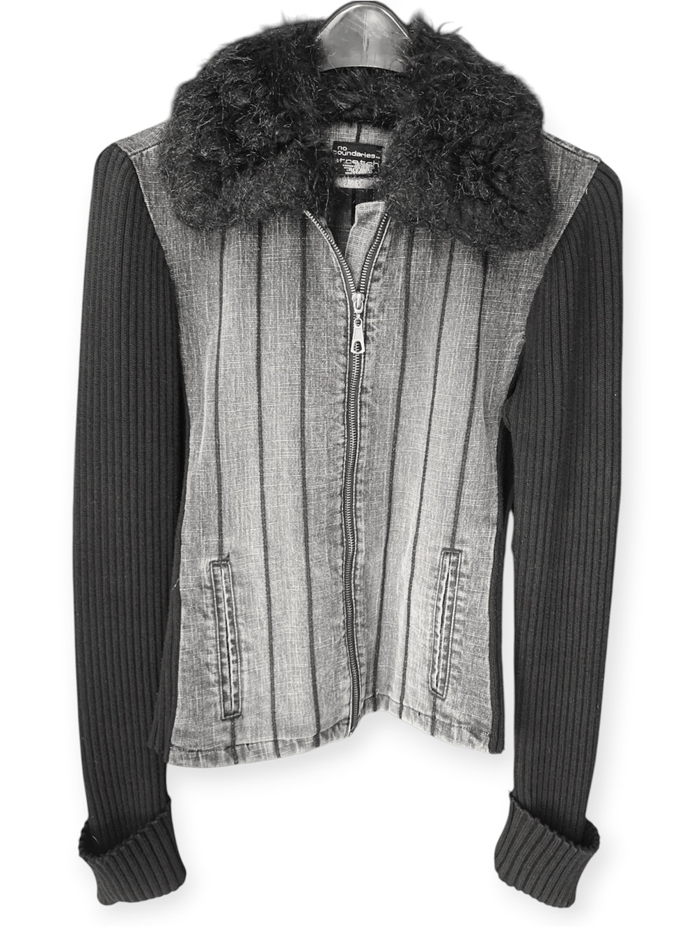 No Boundaries Black Mixed-Media Jean Jacket with Faux Fur Collar